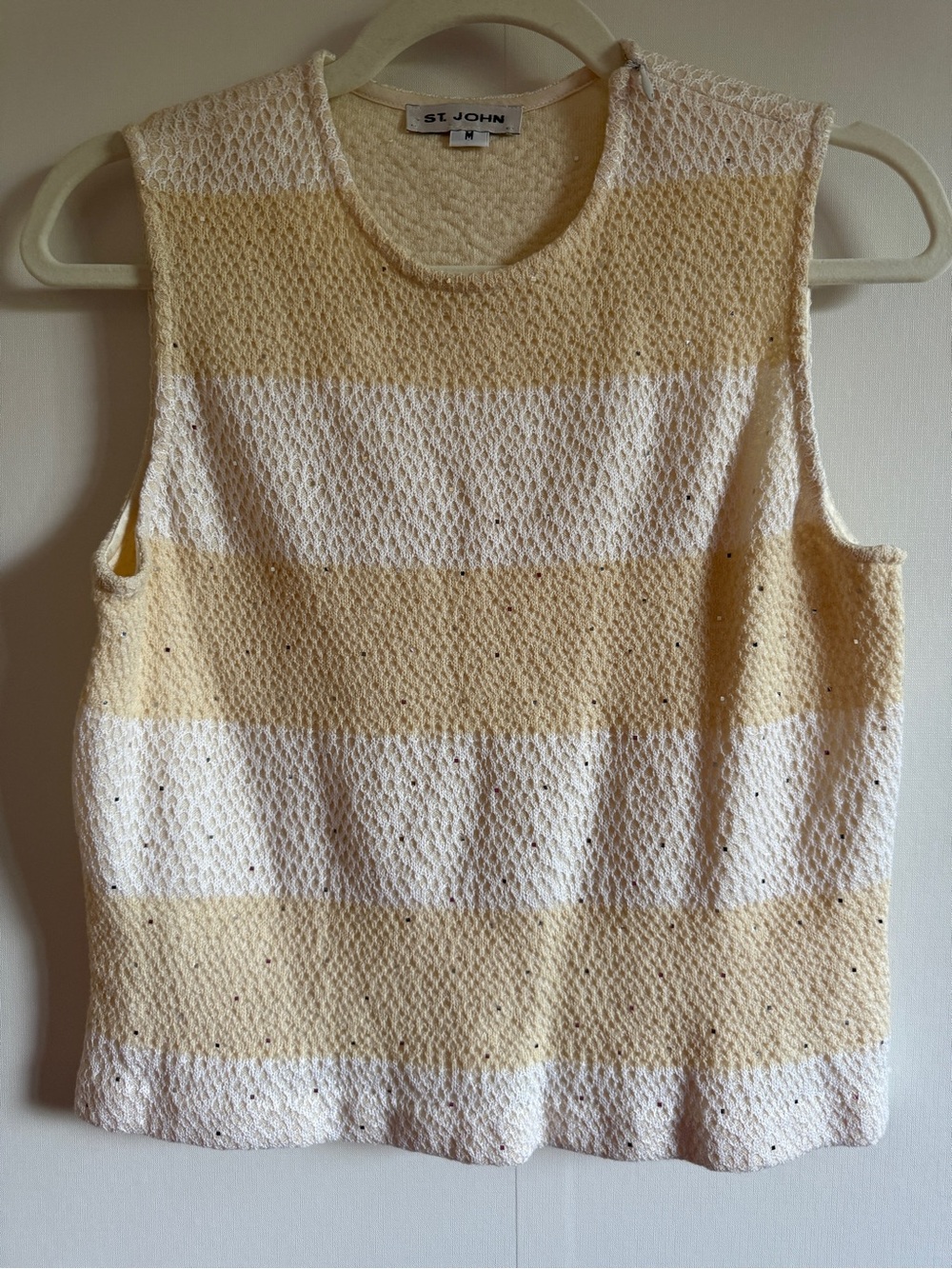St John Cream Bouclé Knit Shell Top Sequin Stripe Luxe Sweater M